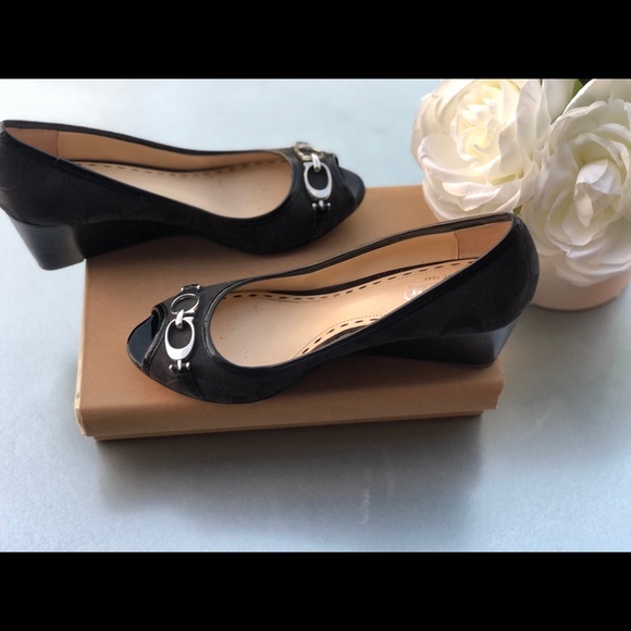 Coach Logo Black "Precious" Peep Toe Wedge Size 6B - Picture 8 of 9